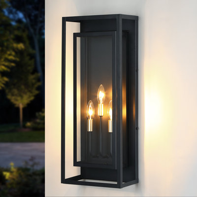 25" Classical Outdoor Wall Light With Glass Shade, Rectangular Wall Sconce In Matte Black, Waterproof