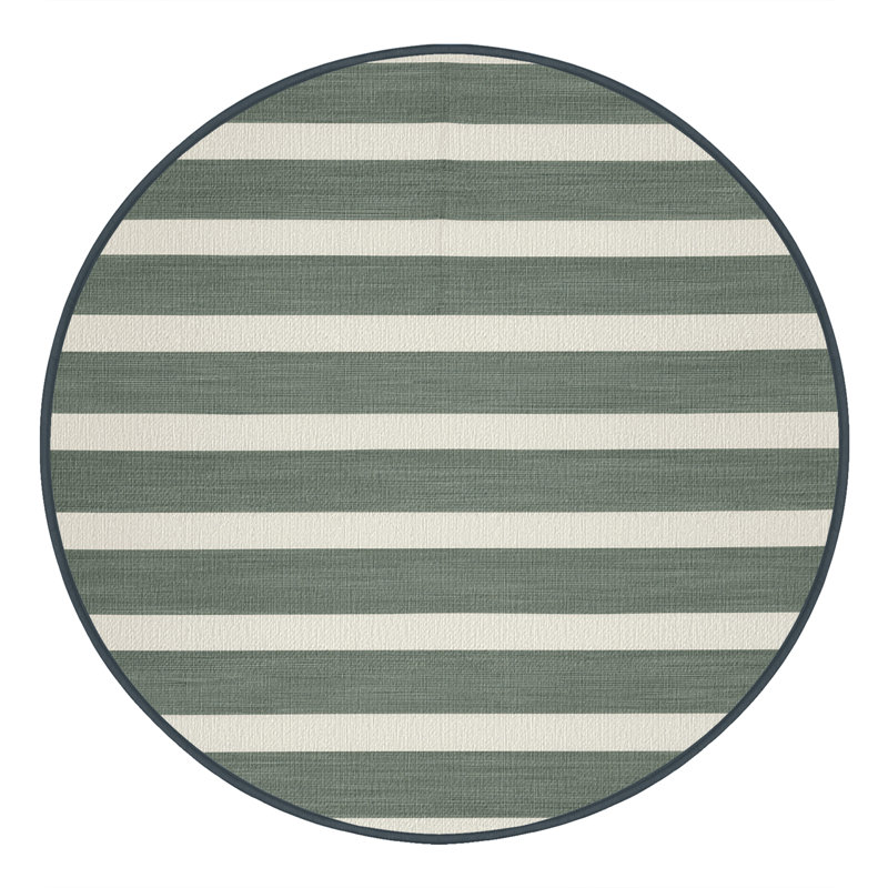 Washable Sage White Striped Area Rug, Round 5'