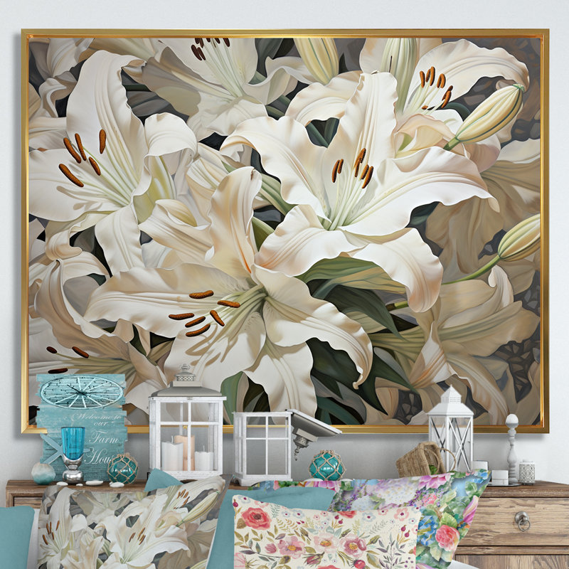 «White Lilies In Bloom Beauty III», reproduction sur toile, Cadre flottant doré, H 12 po x l 20 po x P 1 po