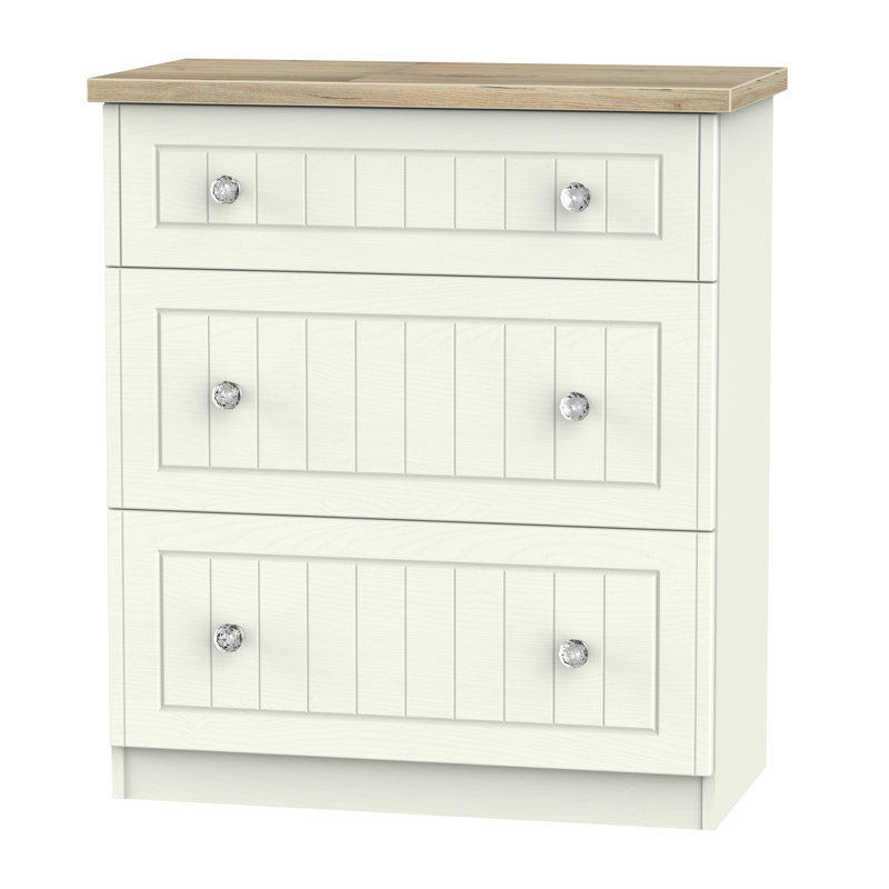 Fully Assembled Zenfield 3 Drawer Chest, Cream Ash/Bordeaux Oak
