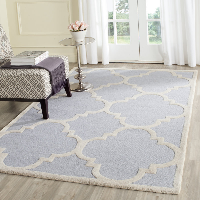 Light Blue and Ivory Hand-Tufted Wool Geometric Rug 4' x 6'