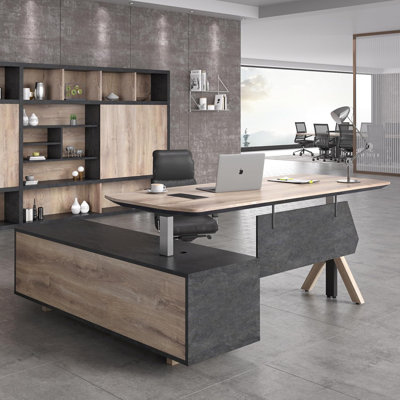 Bureau de direction réglable de 86,61 pouces de hauteur avec tiroirs, grand bureau en L avec rangement, bureau de direction pour affaires avec tablettes, mobilier de bureau moderne