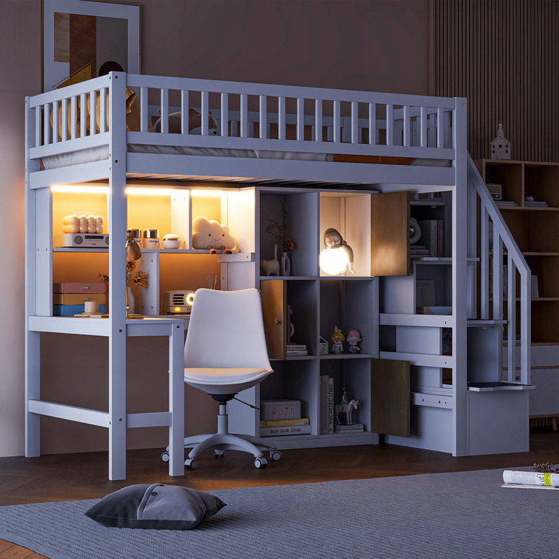 Lit superposé en bois de pin robuste avec éclairage à DEL en forme de L et beaucoup de rangement pour les chambres à coucher modernes