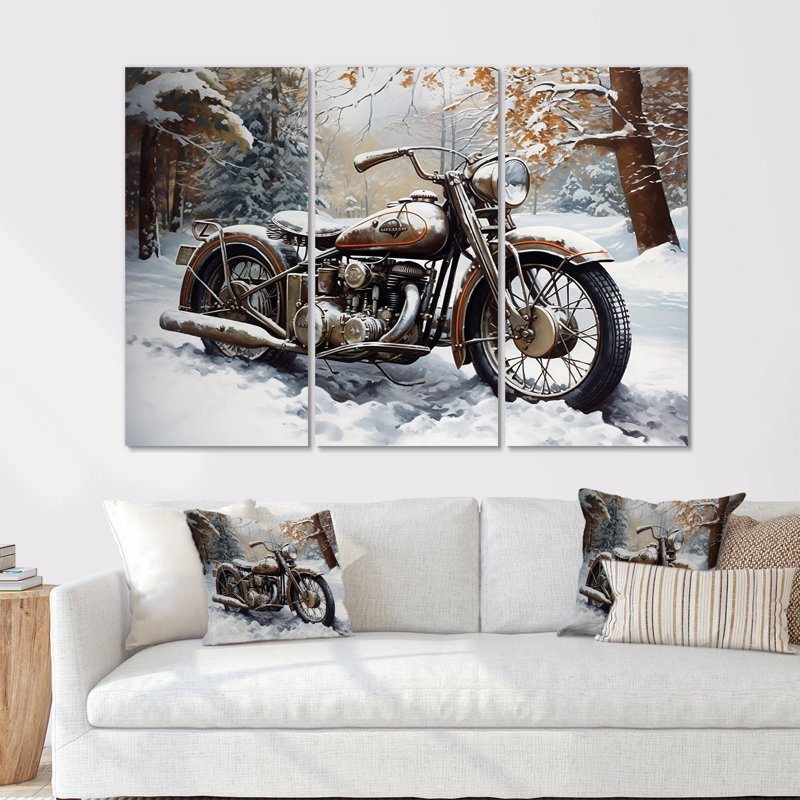 War Rustic War Bike In Winter - ensemble d'art mural moto, Toile tendue, H 32 po x l 48 po x P 1 po