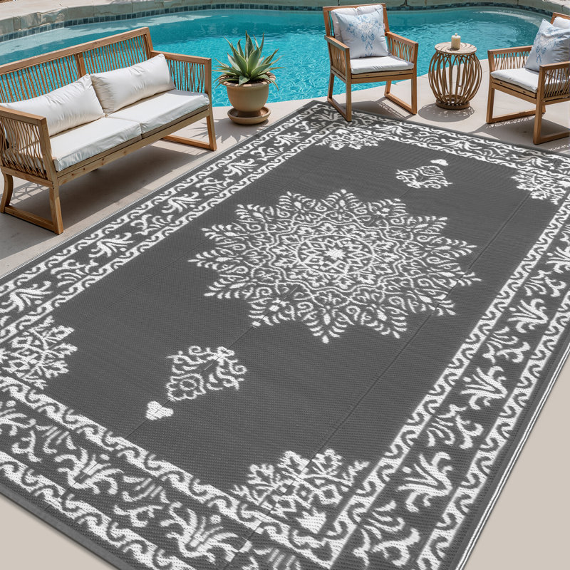 Reversible Outdoor Rug Plastic Straw Patio Rug Large Camping Mat, Rectangle 5' x 8', Gray