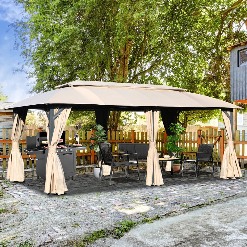 Pavillon de jardin d'extérieur 10 pi x 20 pi, structure solide, rideaux d'intimité, fabrication brune