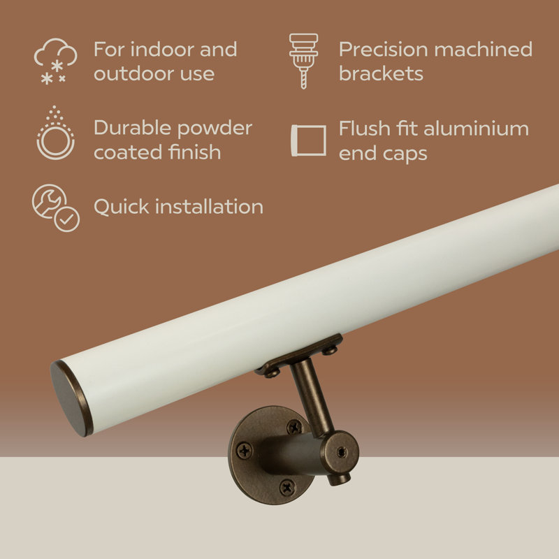 Industrial Aluminum 1.5 Inch Round Complete Indoor/Outdoor Handrail Grab Bar Kit, 156" W, Bronze/White