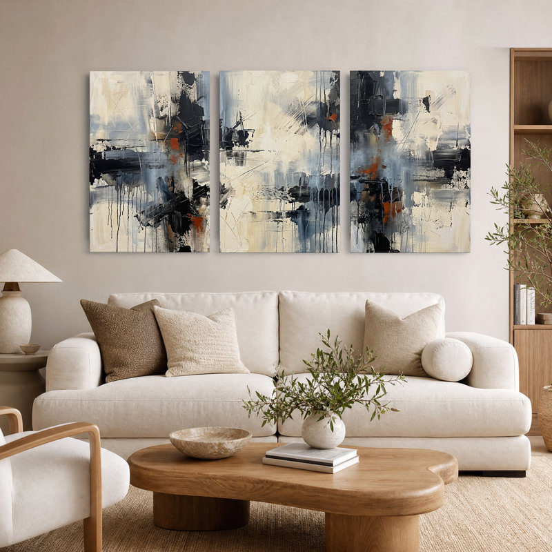 Ensemble de 3 toiles murales abstraites noires, grises et oranges., 24"H x 16"W x 3pcs