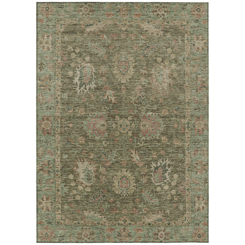 Machine Washable Indoor/Outdoor Xhevrie Olive Rug, Rectangle 10' x 14'