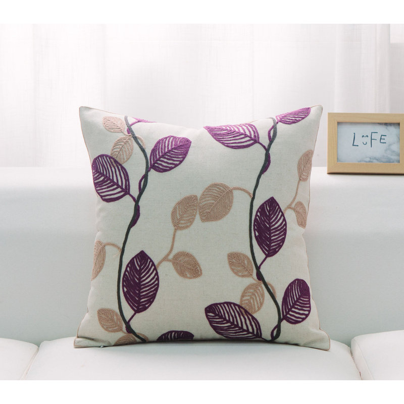 Leaves And Polyester Insert Pillow, White/Purple/Beige
