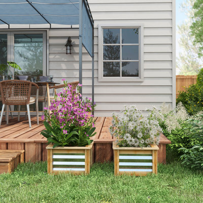 Paire de lit de jardin surélevé, boîte à fleurs d'extérieur en métal et en bois, plantes de culture de différentes catégories, auto-drainante, pot à fleurs galvanisé 18,03 po x l 18,03 po x 11,99 po, plantes de différents types,