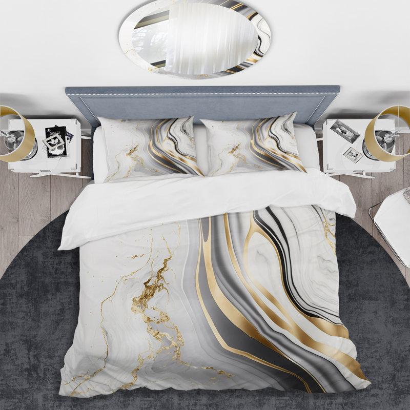 Ensemble de housse de couette en microfibre / polyester Abstract Geode Marble Waves Grey III