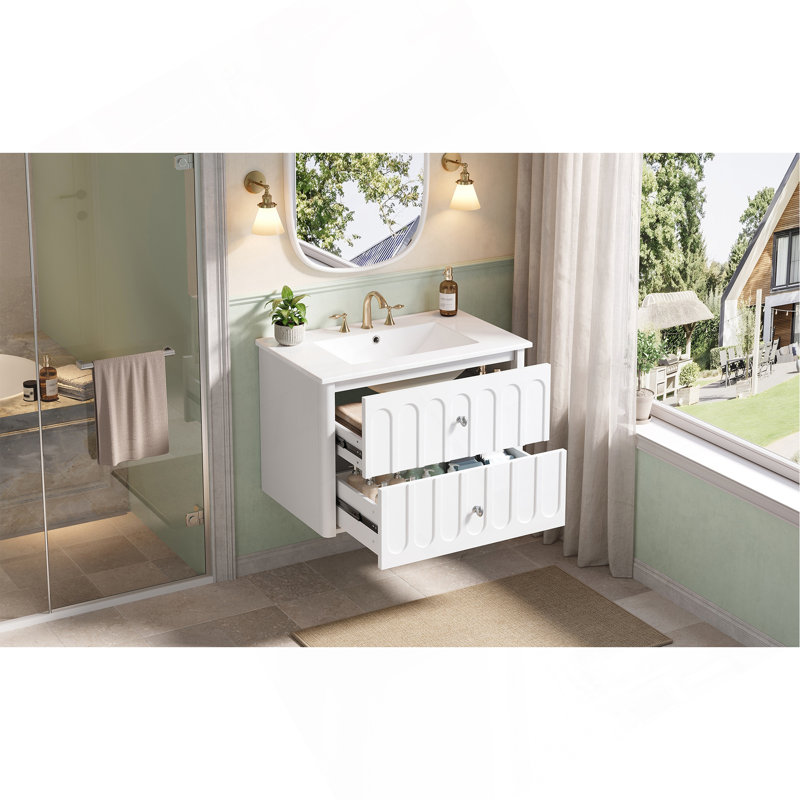 Meuble-lavabo de salle de bain flottant 30 po avec poignées ovales et bord arrondi