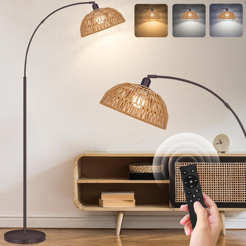 Boho Bronze Arc Floor Lamp With Adjustable Rattan Shade, Remote & Dimming