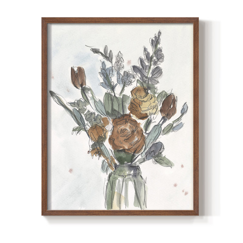 Aquarelle arrangement floral II, reproduction encadrée - bois massif, Brun, H 20 po x l 16 po