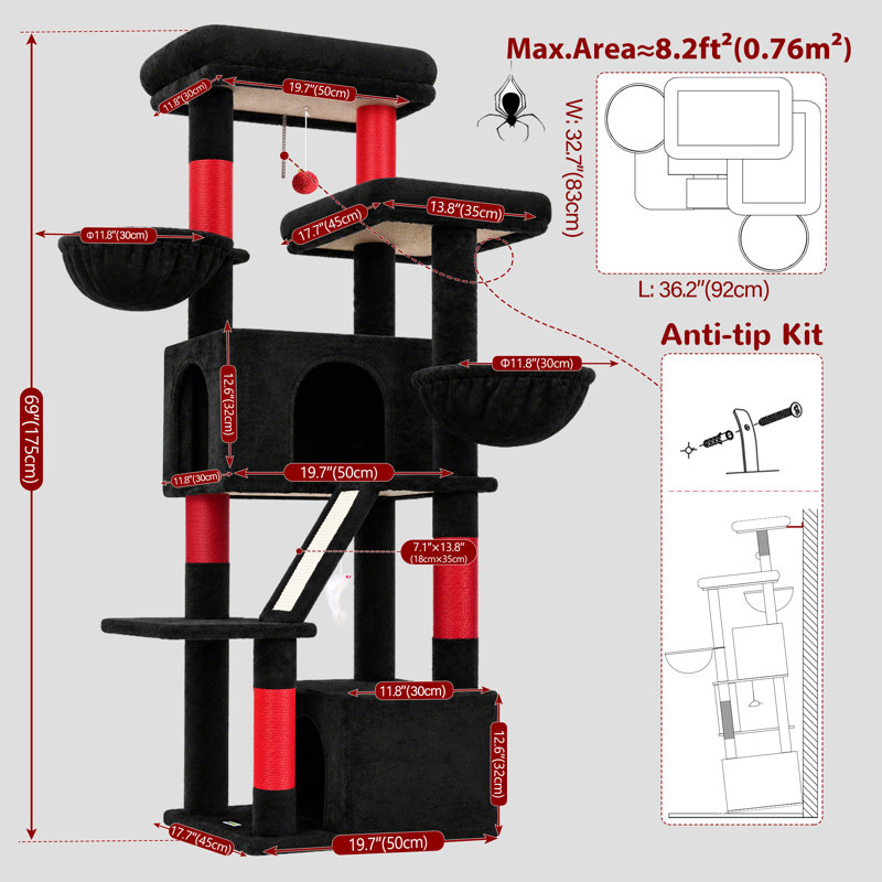 Arbre à chat de 175 cm pour 2 à 3 grands chats, tour à plusieurs niveaux avec niches, hamac et griffoir intégré pour une escalade facile, style gothique