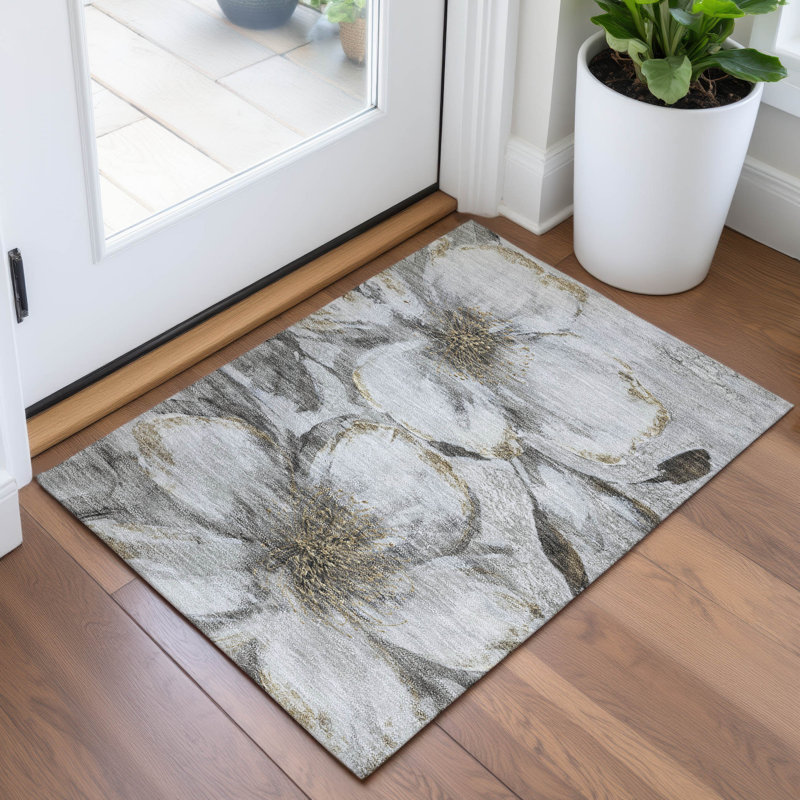 Machine Washable Indoor/Outdoor Xhevrie Silver Rug, Rectangle 1'8" x 2'6"