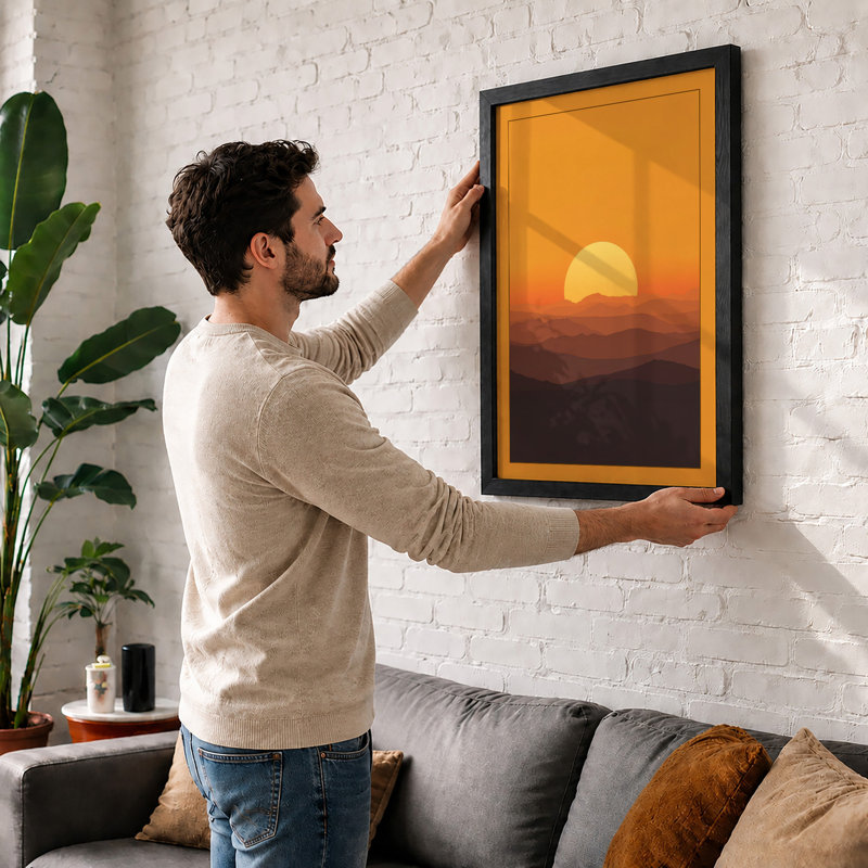 Mountains at Sunrise Minimalist - Framed Print, Oak, A3 - 42.0 x 29.7 cm