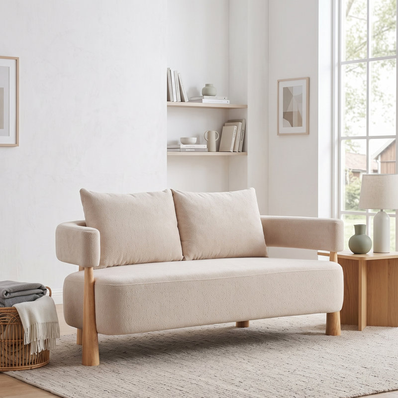 Modern Rounded Loveseat Sofa, Pebble Textured Fabric, Pebble