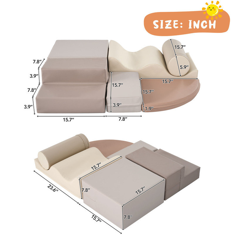 Soft Climb and Crawl Foam Playset 6 in 1, Soft Play Equipment Climb and Crawl Playground for Kids, Beige
