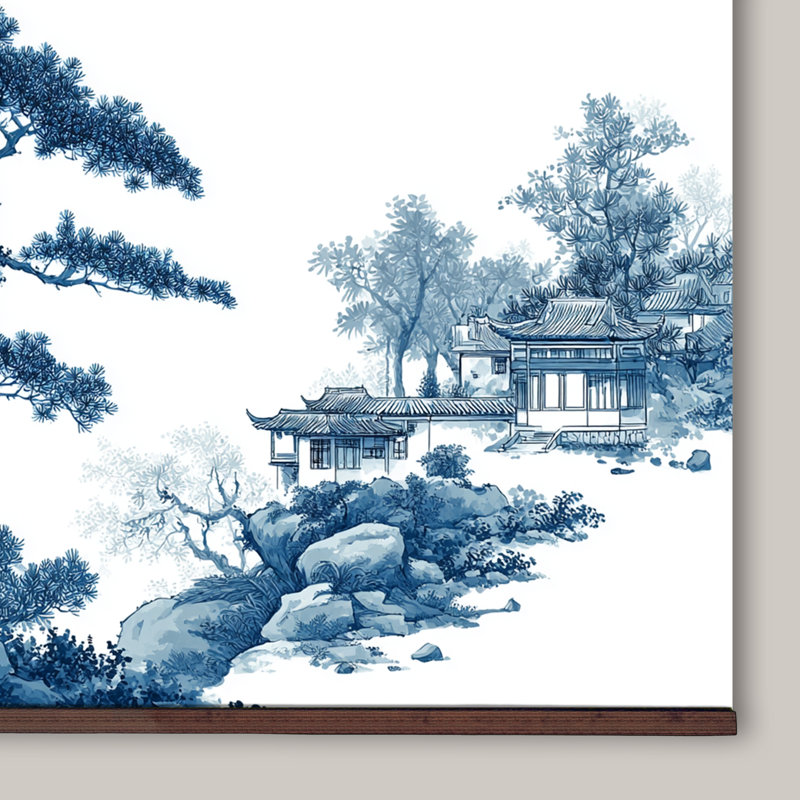 Tapisserie murale paysage bleu chinoiserie, H 32 po x l 48 po