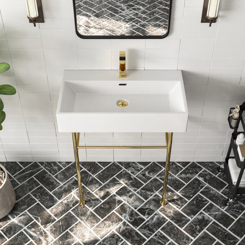 Rectangular 30 Ceramic Console Sink White Basin with Overflow Single Faucet Hole, White/Gold