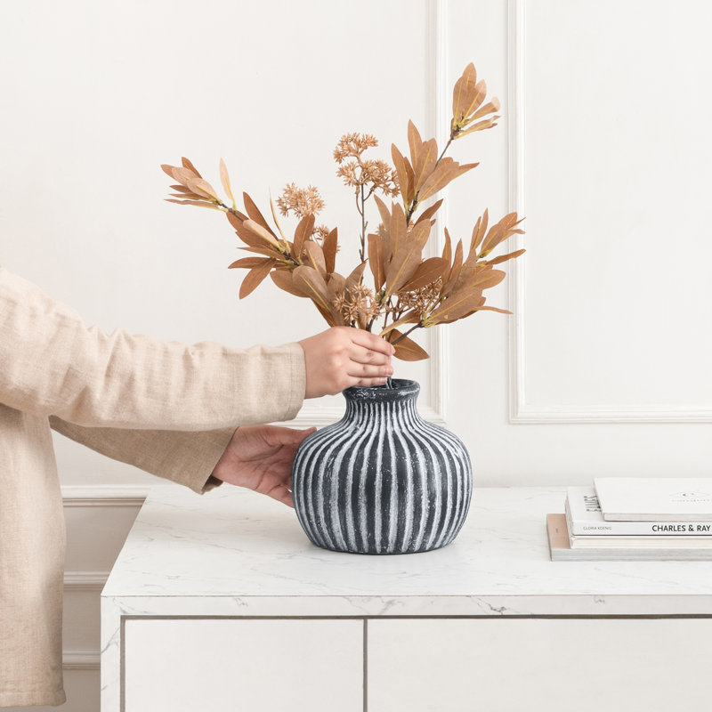 Handmade Rustic Terracotta Vase with Rounded Form & Ribbed Details, Black/White