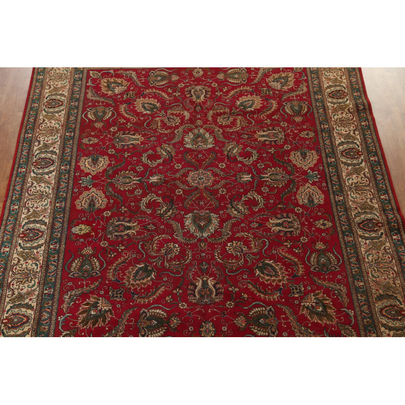 Tapis rouge unique en laine noué à la main de style années 1960 de 9 pi 10 po x 12 pi 3 po Leneah
