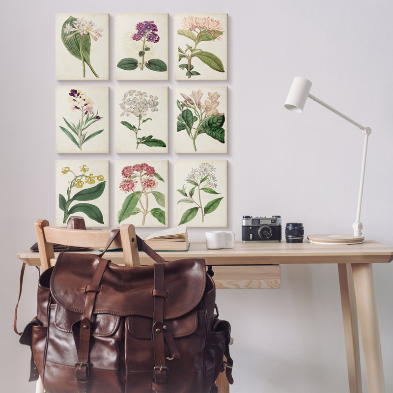 «Warm Spring Floral Botanicals Over Beige Vintage Study» par Ridgeway - ensemble de 9 impressions non encadrées sur toile