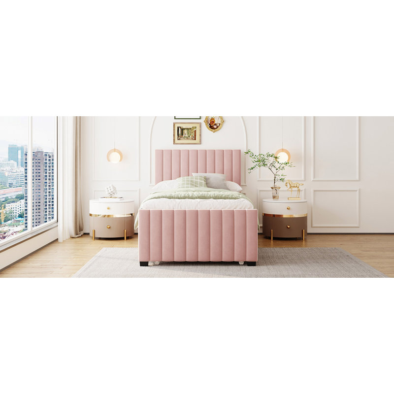 Lit plateforme tapissier en velours avec lit gigogne, Rose, Simple