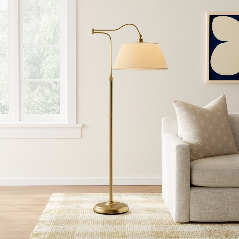 Theodora Swing Arm Floor Lamp, 60" H x 17" W x 38.5" D, Antique Bass, Cream