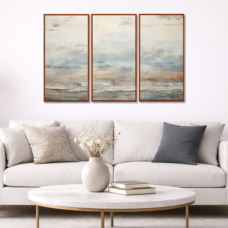 «Beige Blue Ocean Storm», ensemble d'art mural formes abstraites, H 32 po x l 48 po x P 1 po, Cadre flottant brun