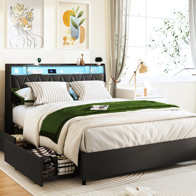 Full Size Bed Frame With Outlets, , Led , And Storage Shelf - Ergonomic Headboard, Noise Metal Frame, No Box Spring Required Platform , Quiet, Needed