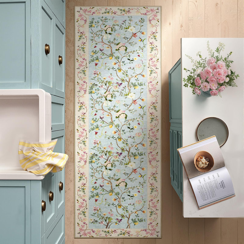 Chinoiserie Vintage Floral Rug Washable Non-slip, Runner 2' x 5', Blue/Pink