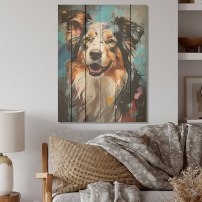 Playful Collie Portrait I - Chien, art mural sur bois de pin naturel
