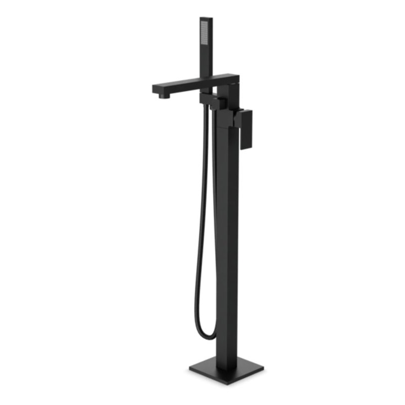 Trova Square Floor Mount Tub Filler Trim Kit With Hand Held Shower Satin Brass, Matte Black