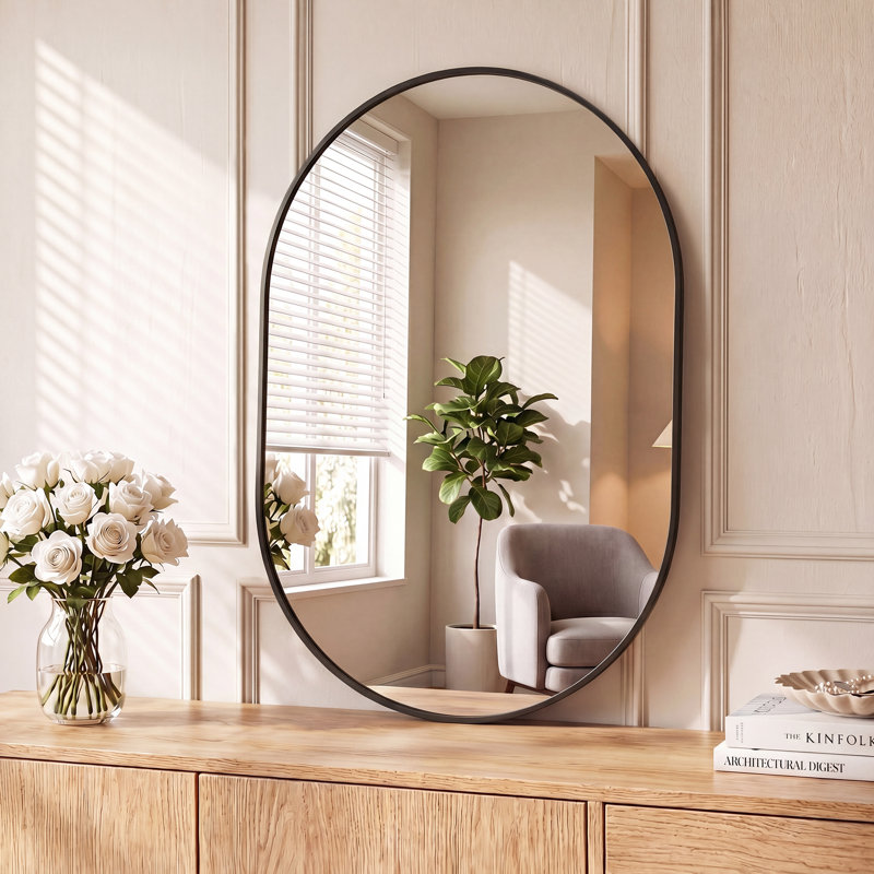 Modern Aluminum Frame Oval Wall Bathroom Mirror, Pill Shaped Vanity Mirror, Black, 35.43" x 23.62"