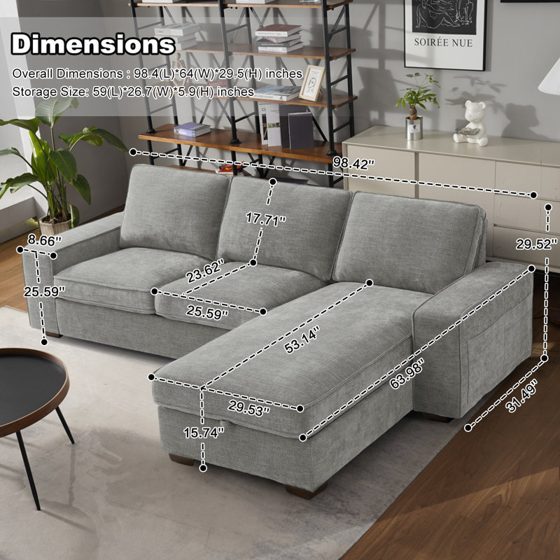 Jossilynn L-Shape Convertible Sectional Couches Sofas with Storage Chaise, Light Gray