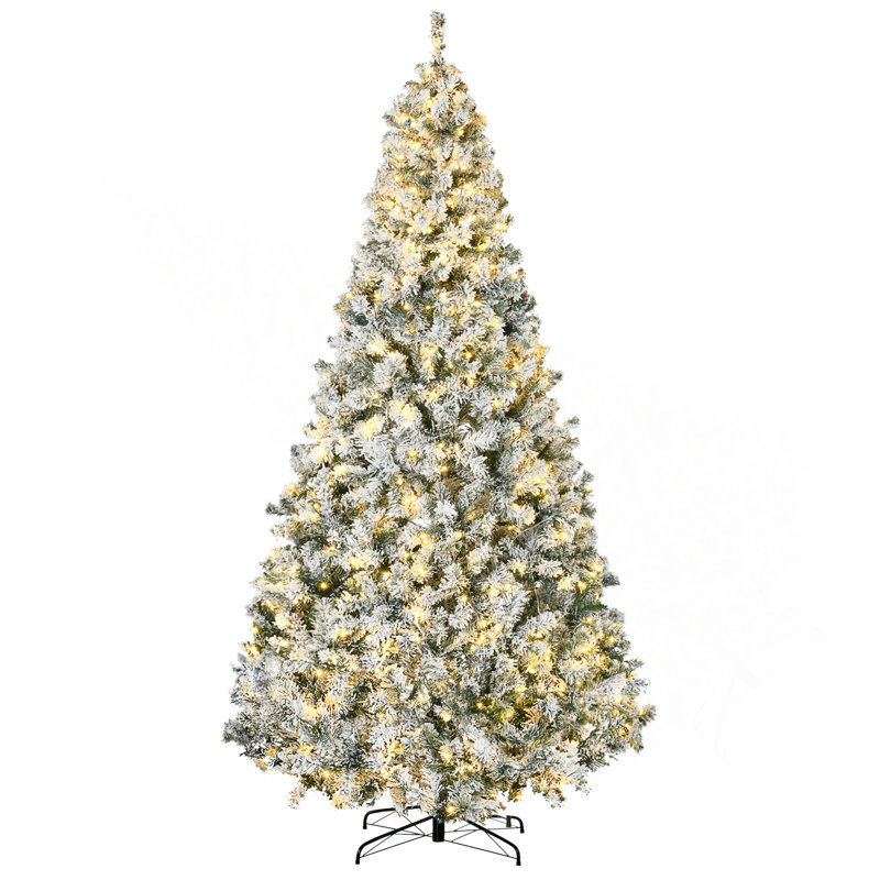 Grand arbre de Noël artificiel 9 pi avec 918 branches de neige floquées, 600 lumières DEL blanc chaud, ouverture automatique, vert