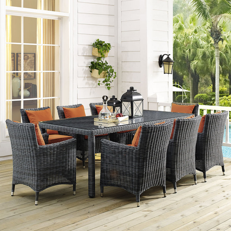 Modway Summon 9 Piece Dining Set, Canvas Tuscan Sunbrella® Canvas, 83" L x 39.5" W