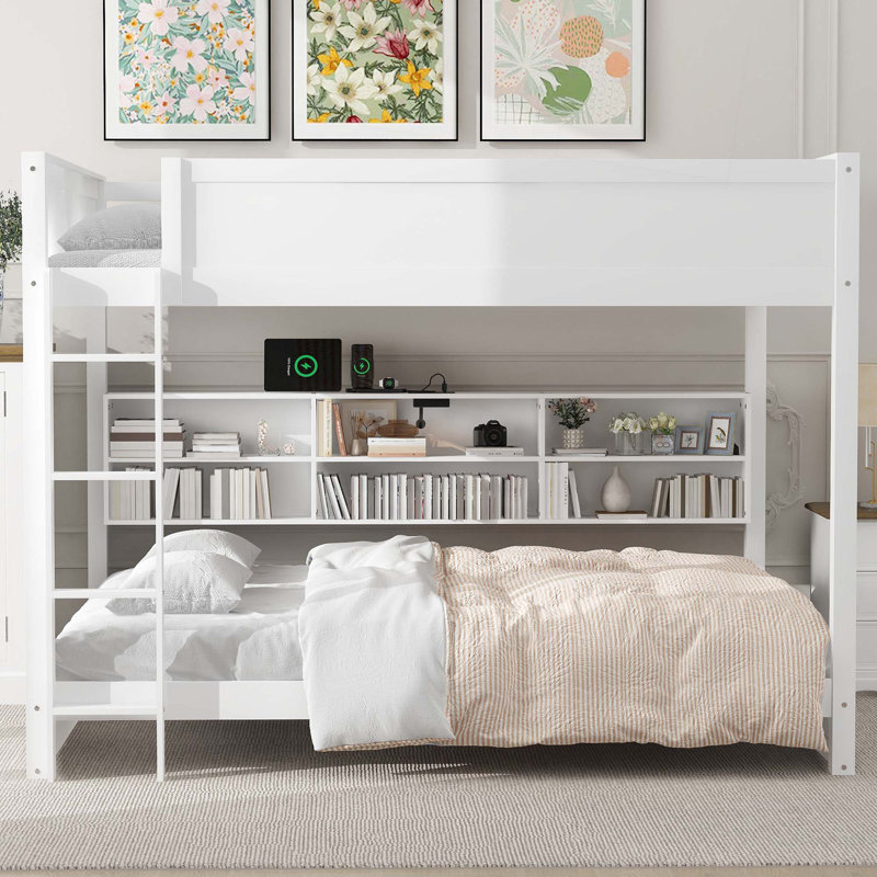 Lit superposé grand sur grand avec armoires de rangement et ports USB, Blanc