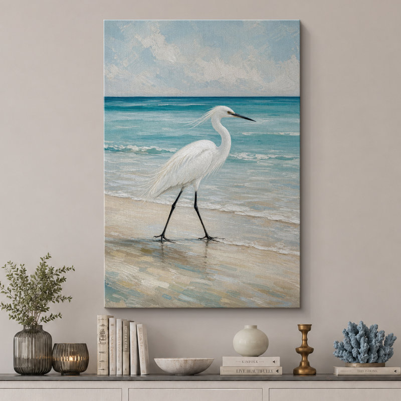 «Coastal Egret Beach», reproduction d'art sur toile encadrée, impression sur toile, 18" H x 12" W x 1.5" D, Wrapped Canvas
