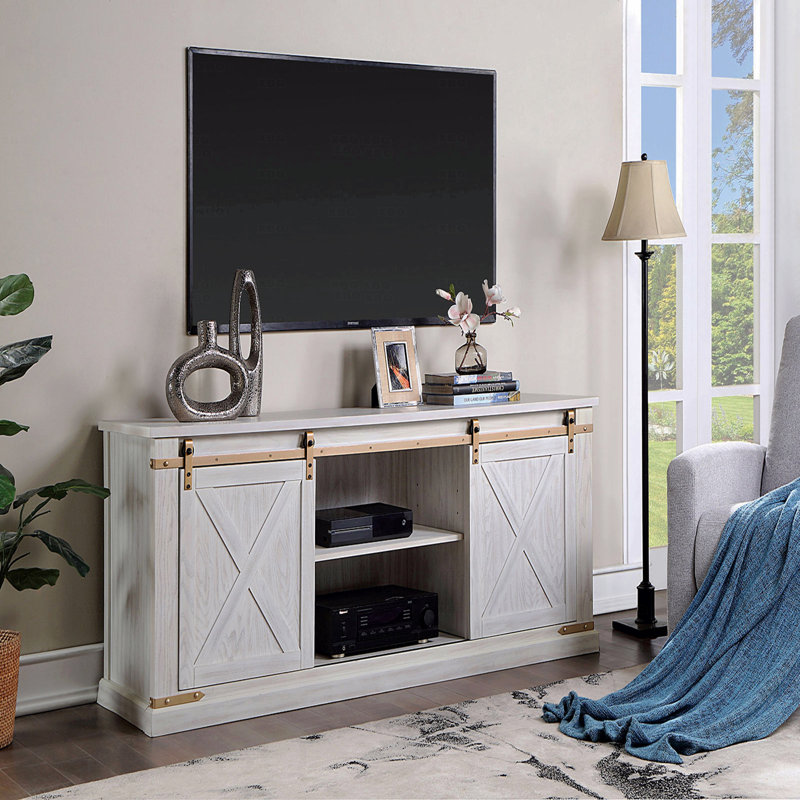 Base de console de télévision de style rustique blanc antique avec portes coulissantes décoratives en métal Plusieurs tablettes de rangement ouvertes Portes en X de conception campagnarde