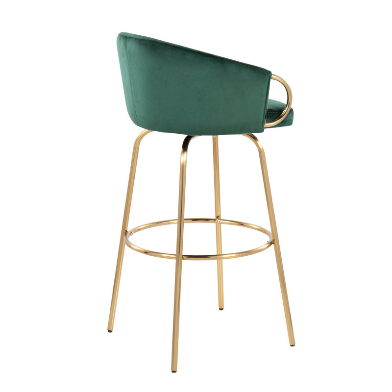 Claire Contemporary/Glam 30" Fixed-Height Bar Stool with Gold Metal Legs and Round Gold Metal Footrest with Green Velvet Seat and Gold Accents by LumiSource - Set of 2