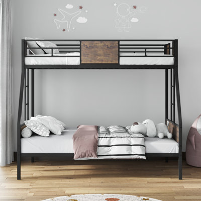Lit superposé simple au-dessus d'un lit double en métal pour la chambre à coucher, avec garde-corps, lit gigogne, 2 échelles, conception, sans sommier, bois franc d'ingénierie brun, construction solide, installation rapide avec lit gigogne, cadre, espace