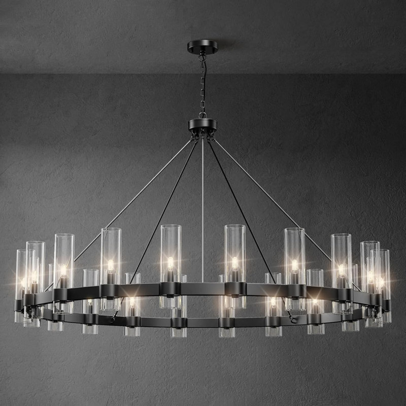 Dhreej 60'' W 20-Light Glass Wagon Wheel Chandelier, Matte Black