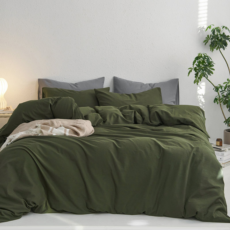 MooMee Duvet Cover Set with Zipper Closure & 8 Interior Ties 100% Washed Cotton Twill Soft Linen Like Textured, Olive Green