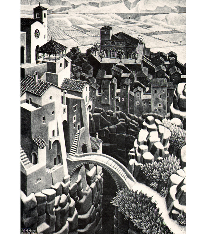Toile tendue Castrovalva par M.C.Escher, H 40 po x l 28 po
