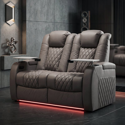 Fauteuil inclinable électrique berçant en cuir véritable avec éclairage ambiant à DEL 7 couleurs, appui-tête réglable, charge USB et porte-gobelet pour le cinéma maison