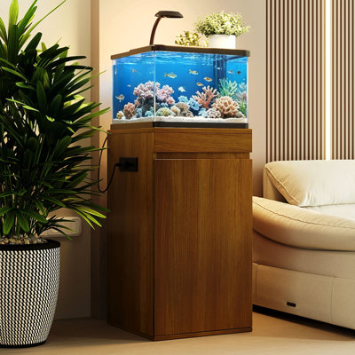 10-15 Gallon Fish Tank Stand with Storage Cabinet, Aquarium Stand with Power Outlets, 330LBS Capacity, Small Terrarium Stand Cabinet with Adjustable Shelves, Tank Stand for 16.9" L x 16.9" W Cube Terr